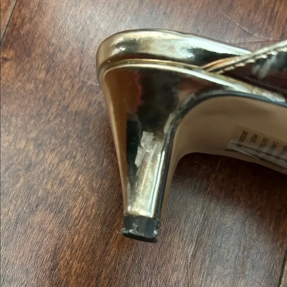 J. Crew Zadie Bow-Strap Heels in Gold Metallic Leather, Feminine Coquette Size 6